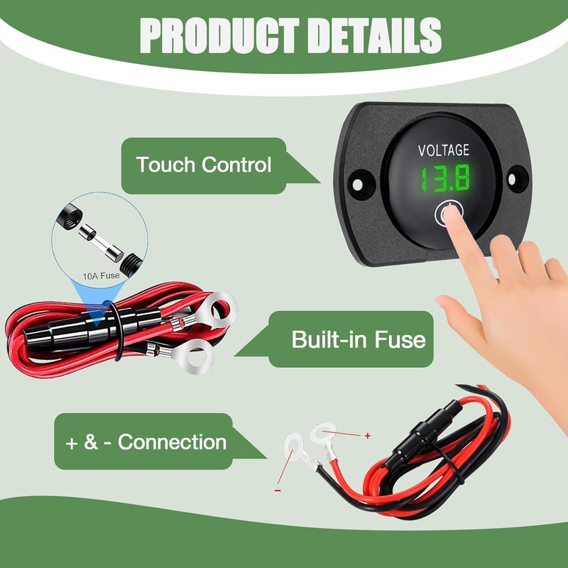 Sumklin 2PCS Green Light Battery Voltage Gauge DC 12V 24V Digital Display Voltage Meter Waterproof Voltmeter with Touch Switch for Boat Marine ATV Car Motorcycle Truck Boat RV - Image 3